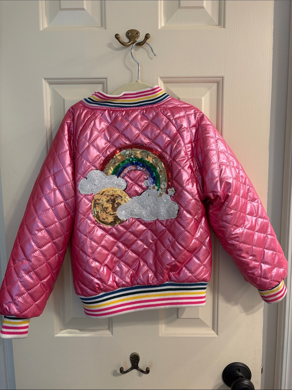 Lola + The Boys - Girls' Pink Quilted Bomber Jacket w Striped Trim - Picture 2 of 2